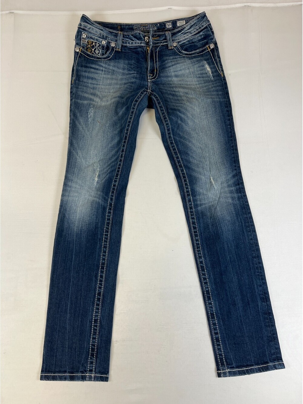 Miss Me Women 30 Skinny Blue Jeans Rhinestone Flap Pockets Embroidered